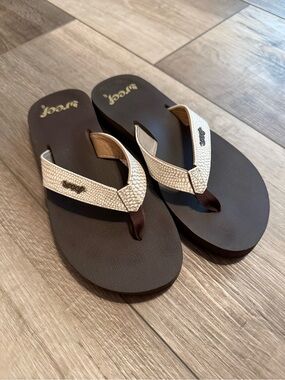 Reef Brown Footbed Flip Flops with Cream Textured Straps